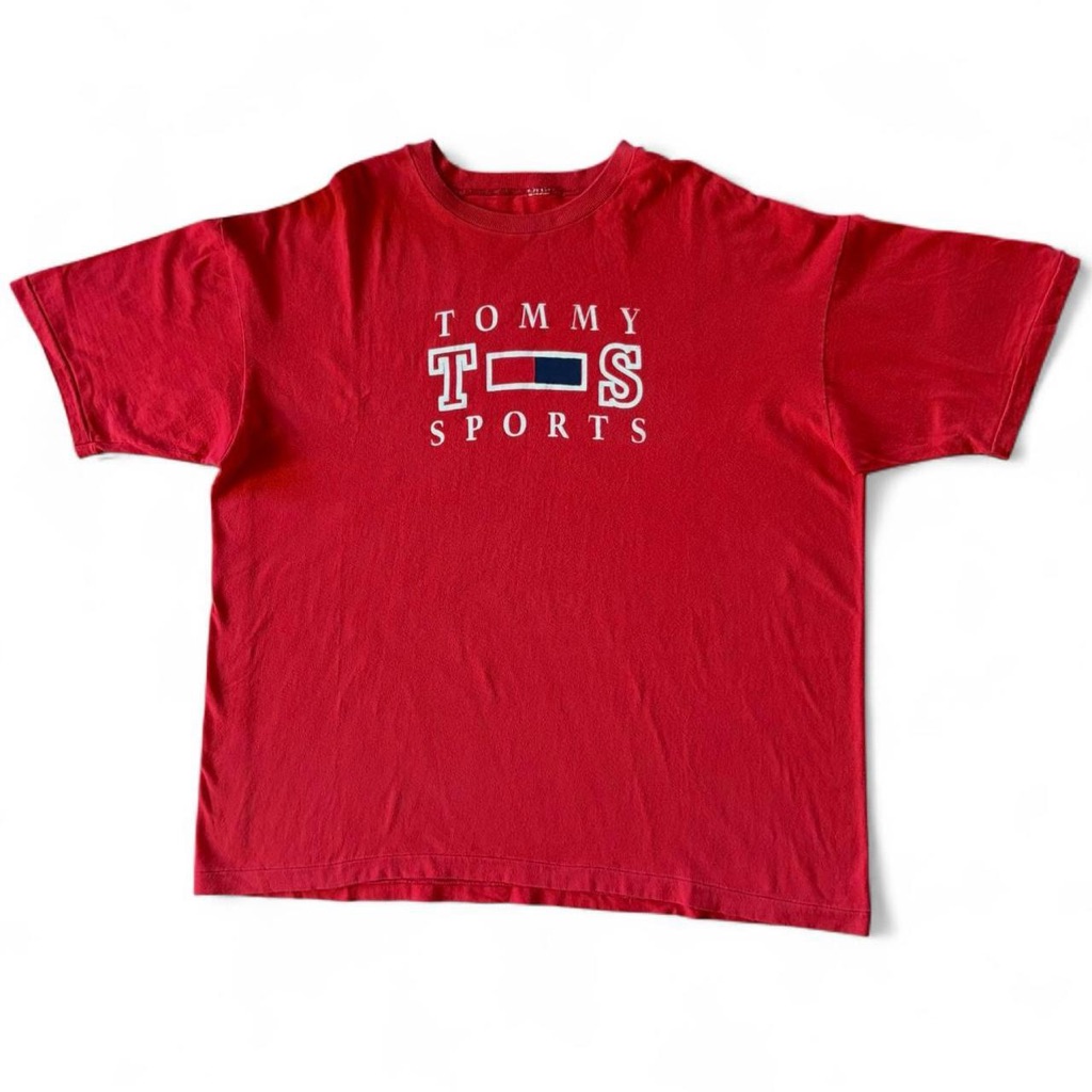 90s Super Rare Tommy Hilfiger Red & White Tee Vintage Single Stitch 25x29.5 Xxl